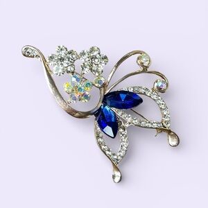 Vintage Gold Tone Brooch w/ Blue Rhinestones & Crystal Flowers
